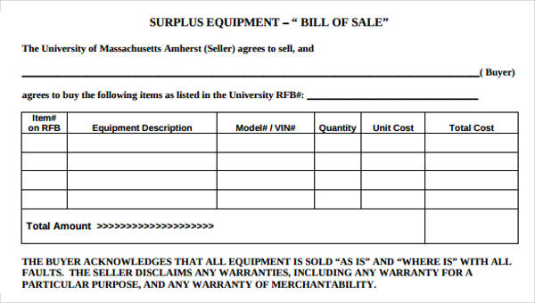 equipment bill of sale example