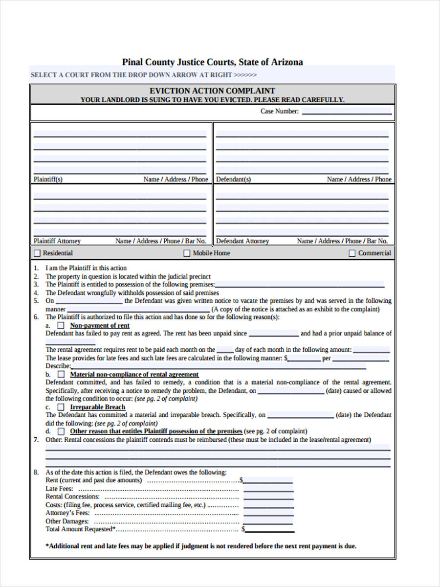 Free 5 Sample Eviction Complaint Forms In Pdf