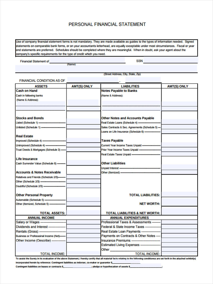 FREE 8+ Personal Financial Statement Forms in PDF | Ms Word | Excel