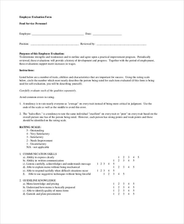 food service employee evaluation form