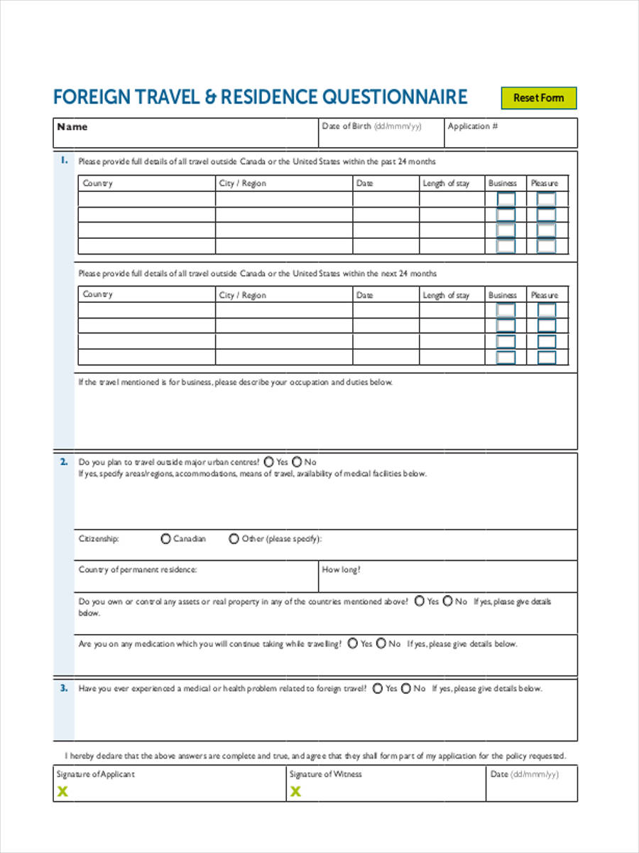 foreign travel residence form