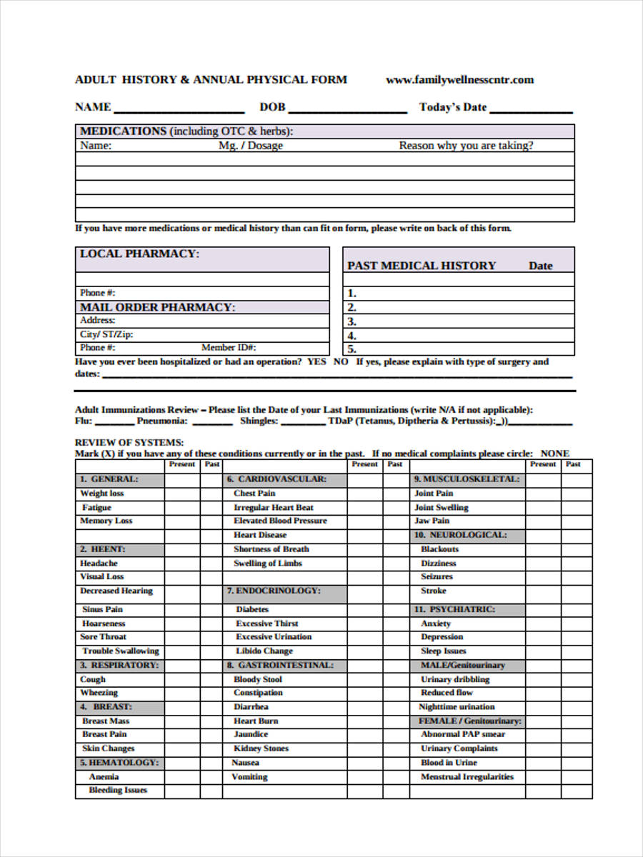 Adult Physical Form Pdf