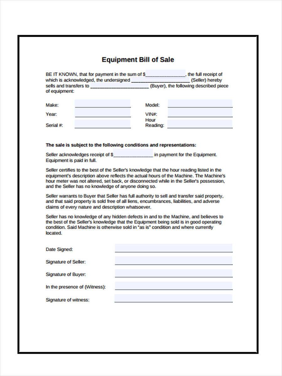 FREE 6 Sample Equipment Bill Of Sale Forms In PDF