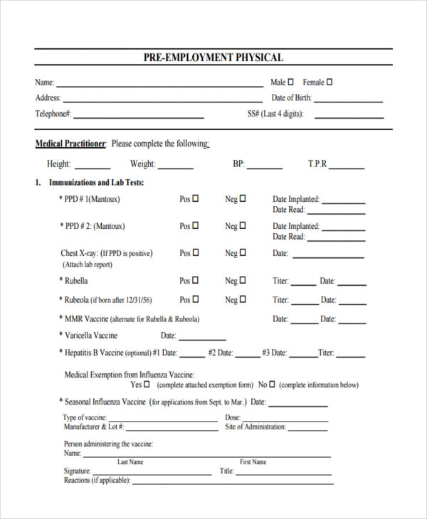 Free 7 Pre Employment Physical Forms In Pdf 1725