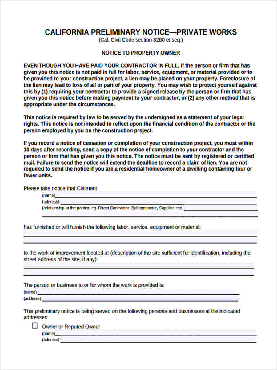 free preliminary notice form