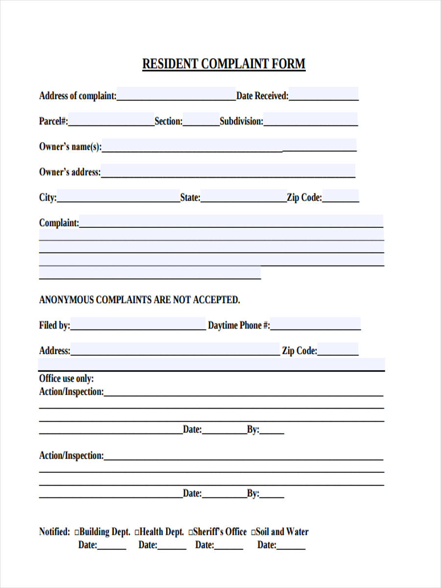 FREE 6 Sample Resident Complaint Forms In MS Word PDF