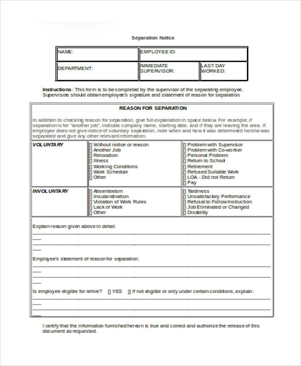 free separation notice form