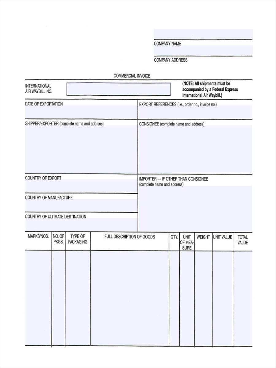 commercial invoice for export template