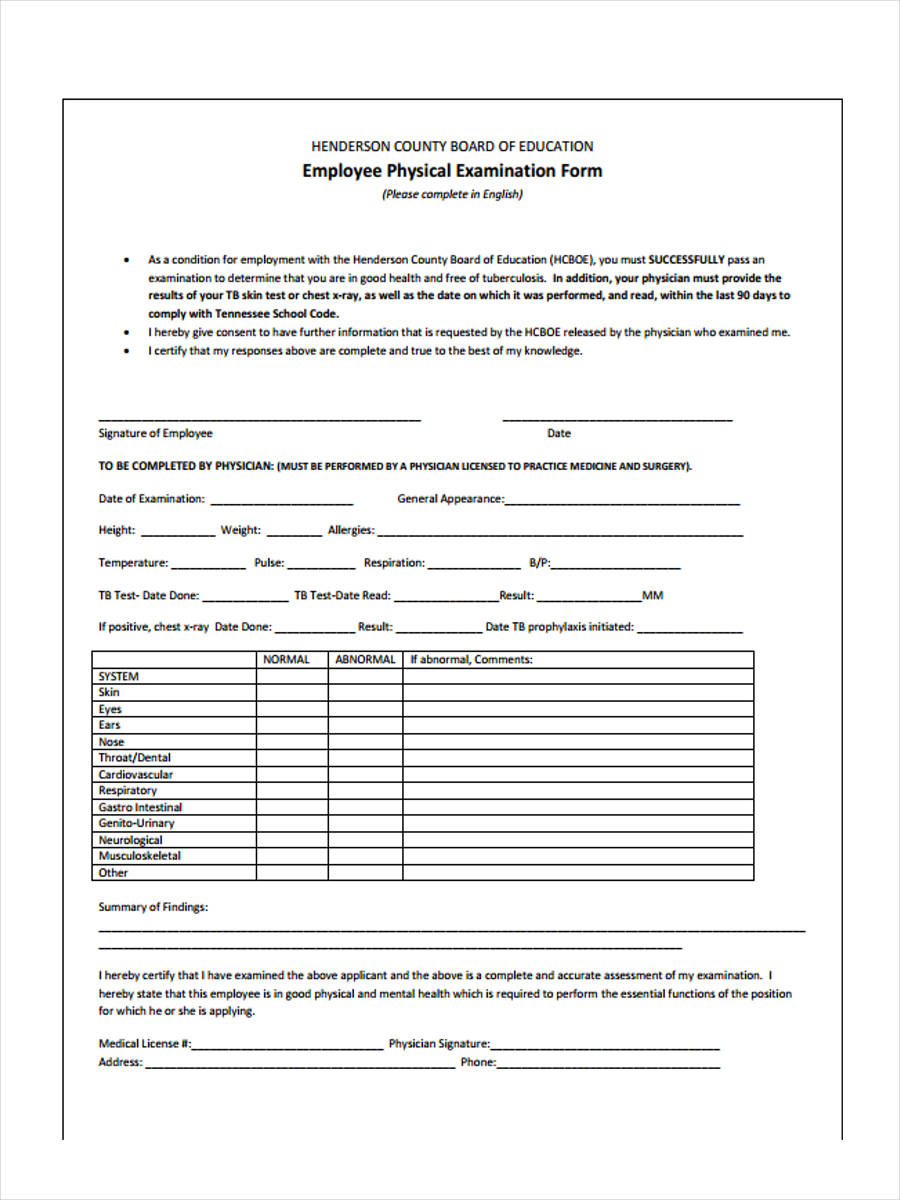 Free 5 Employment Physical Forms In Pdf