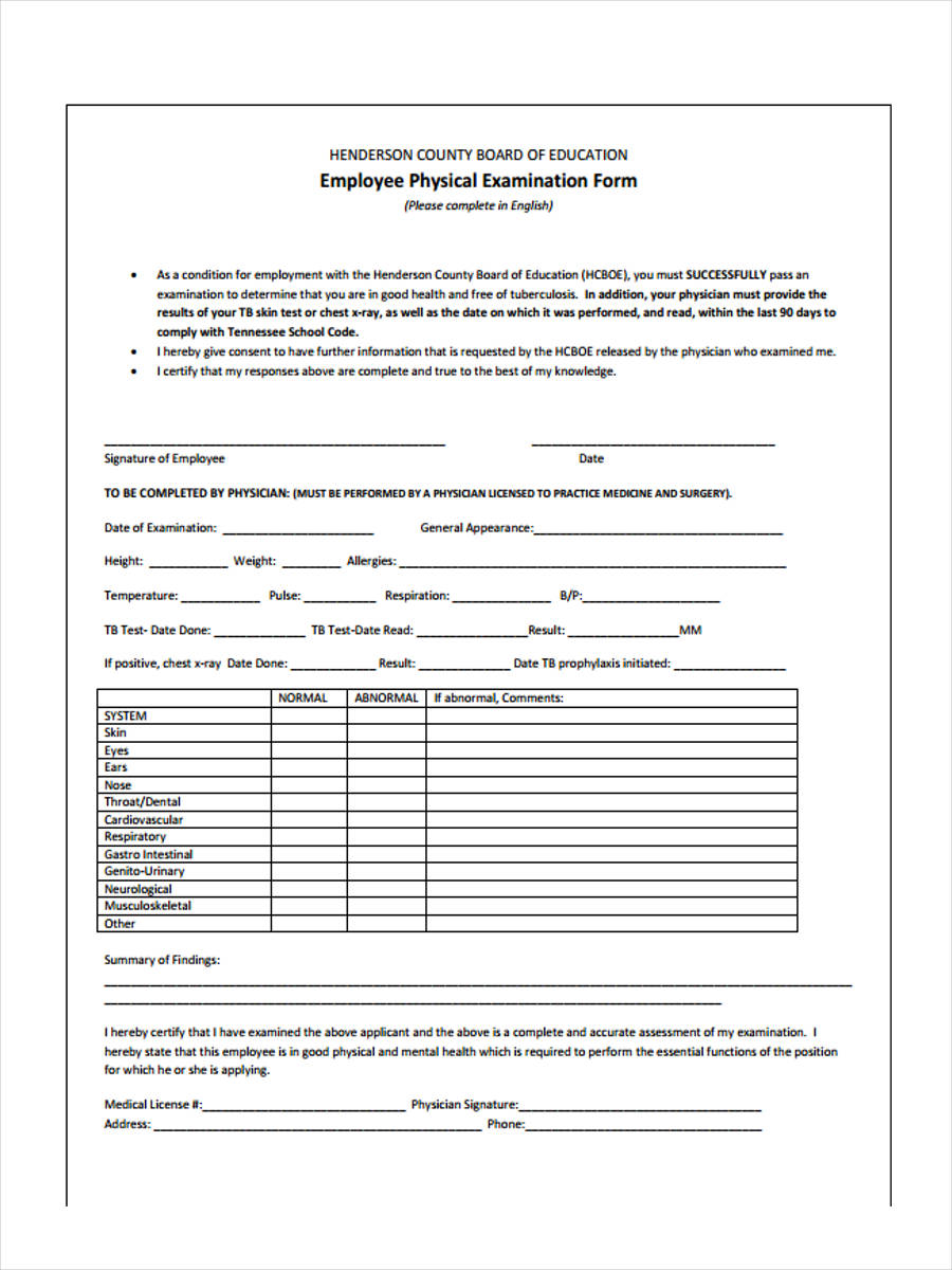 Free 5 Employment Physical Forms In Pdf 7456