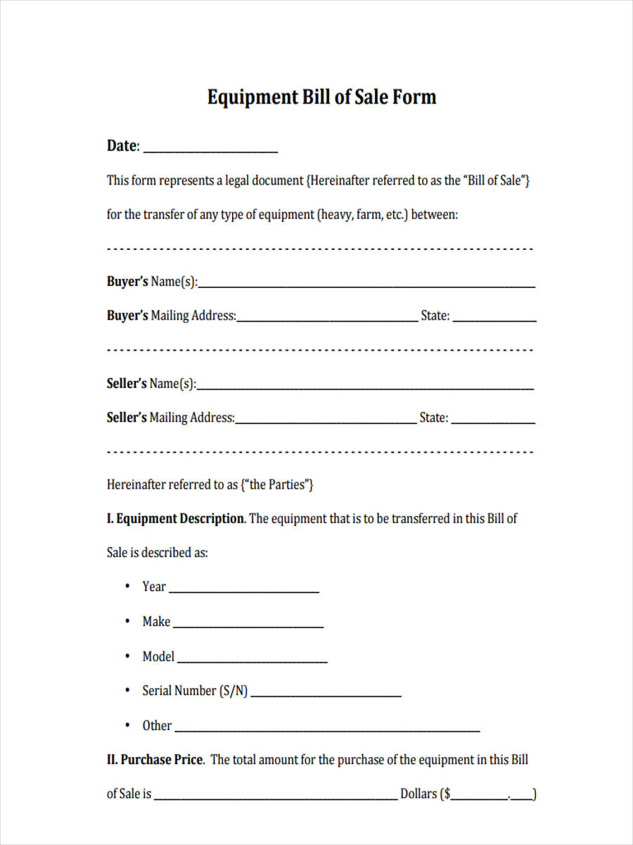 Free 6 Sample Equipment Bill Of Sale Forms In Pdf