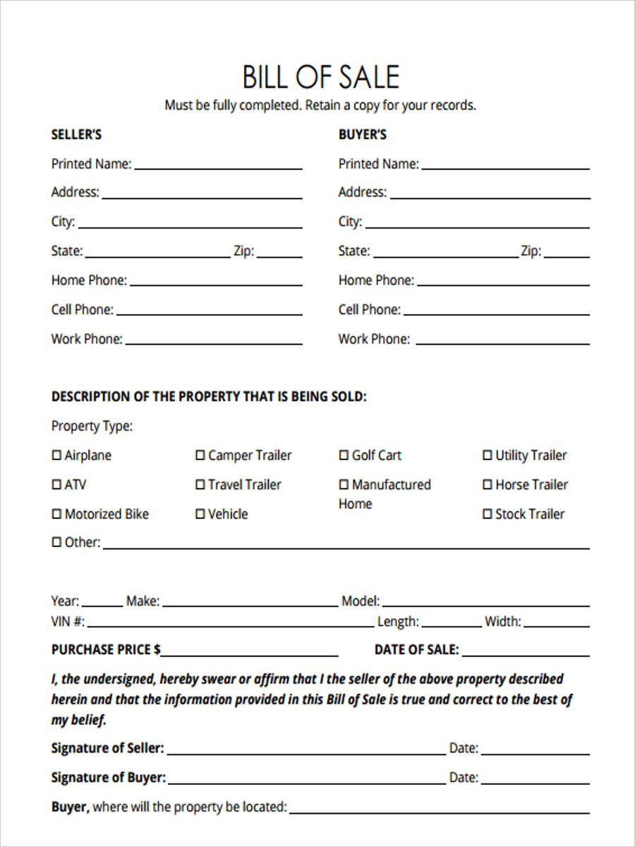 rv bill of sale template