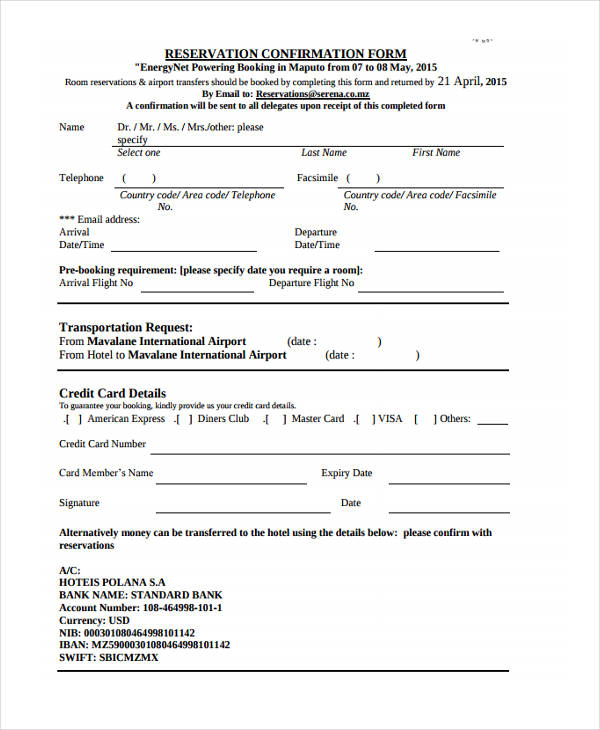 FREE 11+ Booking Confirmation Forms in PDF Ms Word