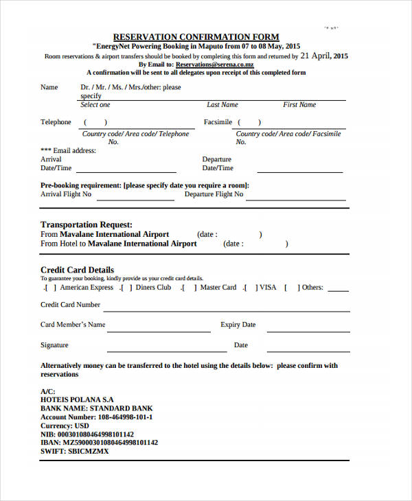 FREE 15+ Booking Confirmation Form Samples, PDF, MS Word, Google Docs