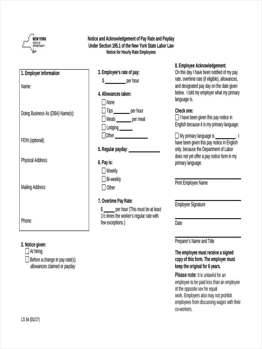 hourly rate employee notice form