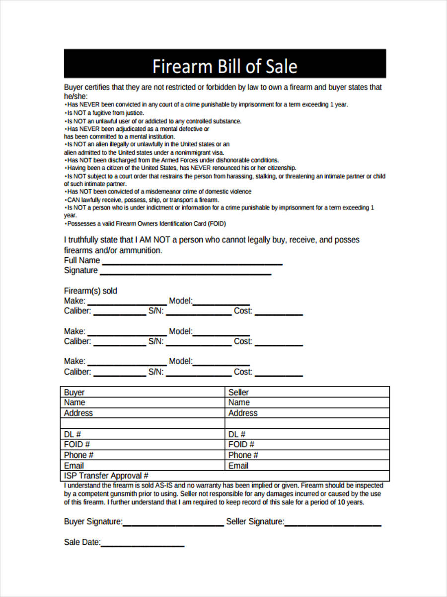 FREE 30+ Firearm Bill of Sale Forms in PDF