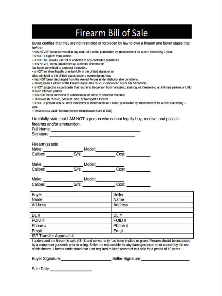 free 6 firearm bill of sale forms in pdf