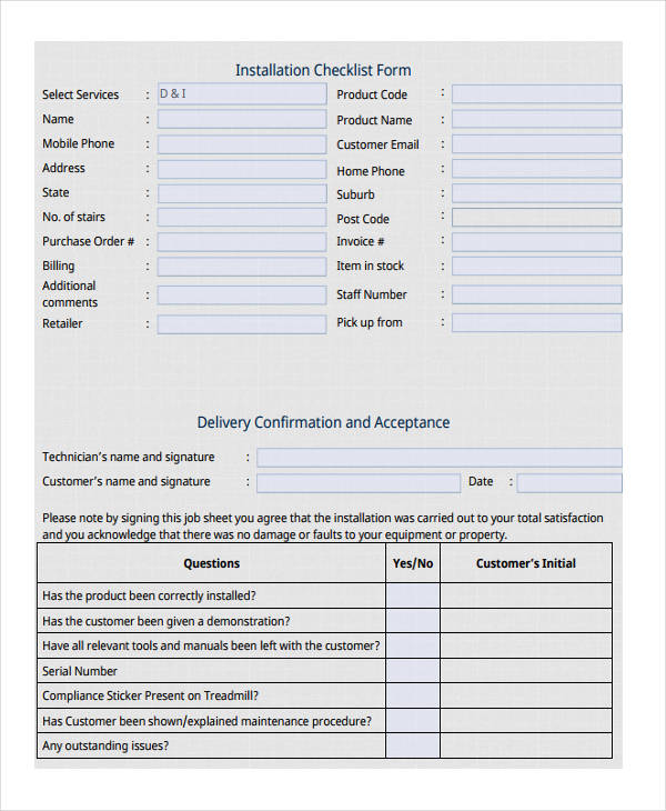 installation checklist form
