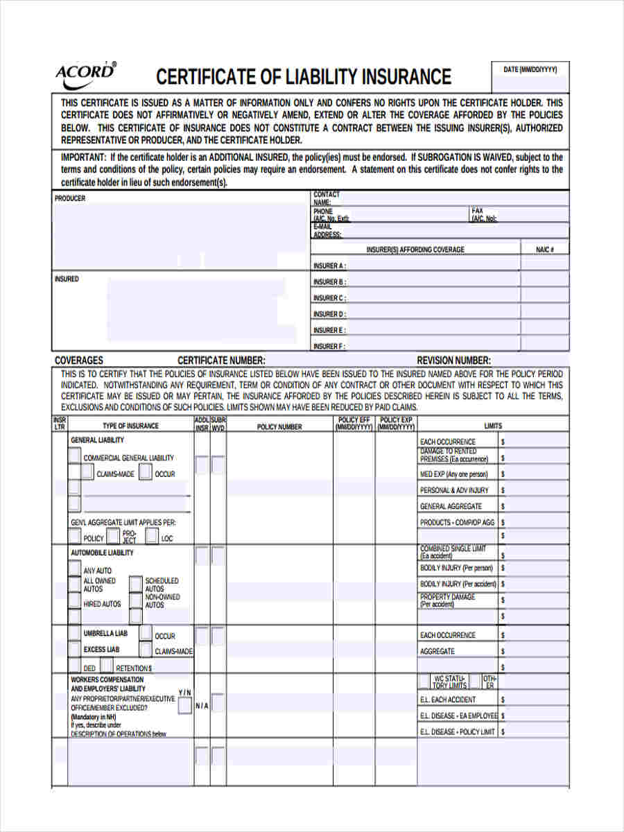 FREE 21+ Liability Insurance Forms in MS Word  PDF With Certificate Of Liability Insurance Template