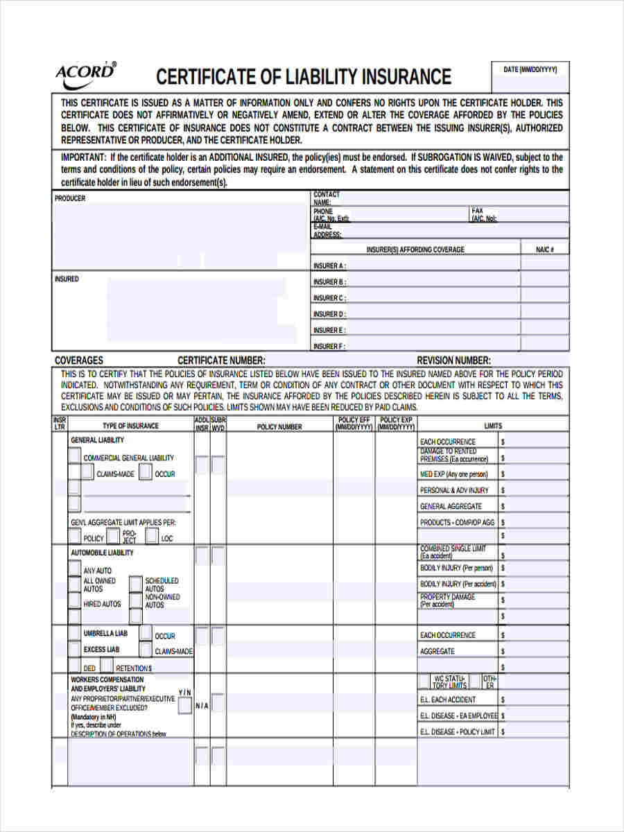 Certificate Of Liability Insurance Template