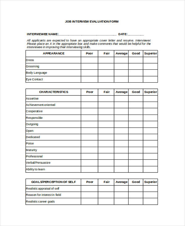job candidate interview evaluation form