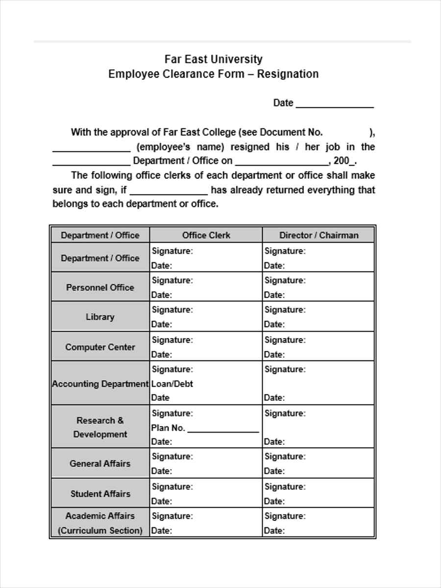 FREE 8+ Sample Resignation Clearance Forms in MS Word PDF