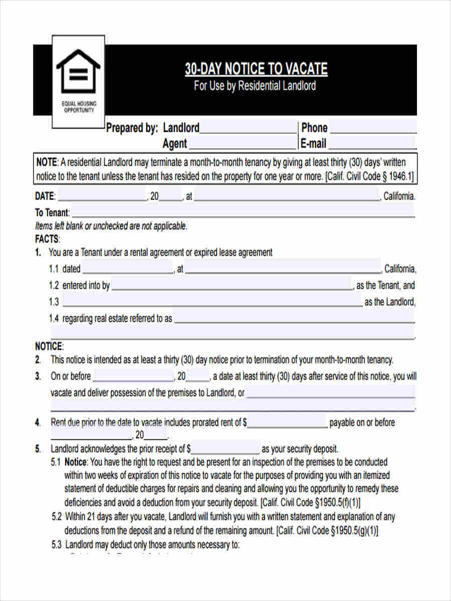 FREE 5+ Sample 30 Day Notice to Vacate Forms in MS Word PDF
