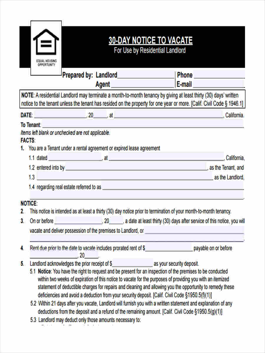 Free Printable 30 Day Notice To Landlord Template