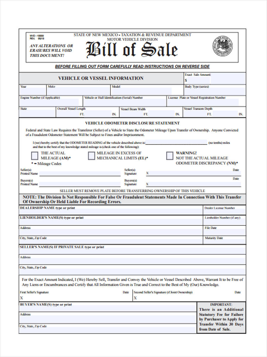 simple auto bill of sale form