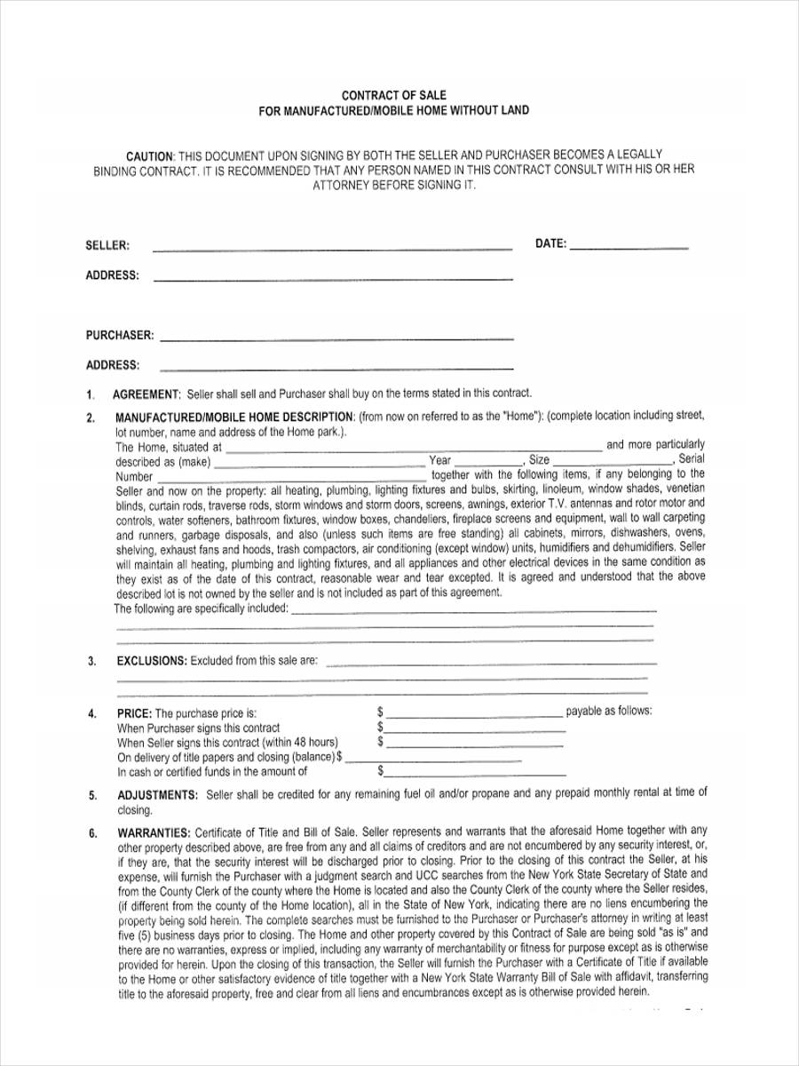 Printable Simple Mobile Home Purchase Agreement Printable Templates