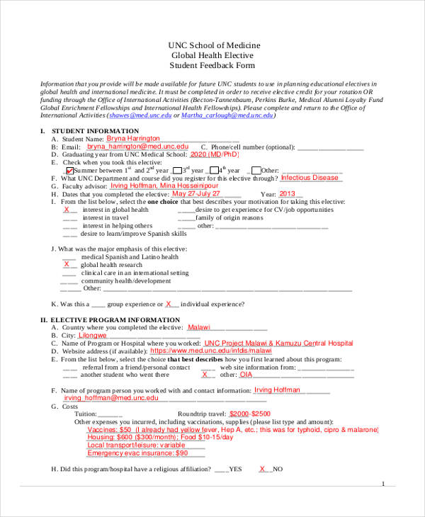 medical draft student feedback form