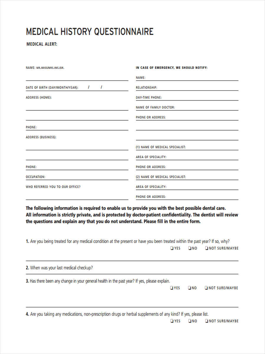 FREE 6 Medical Questionnaire Forms In PDF