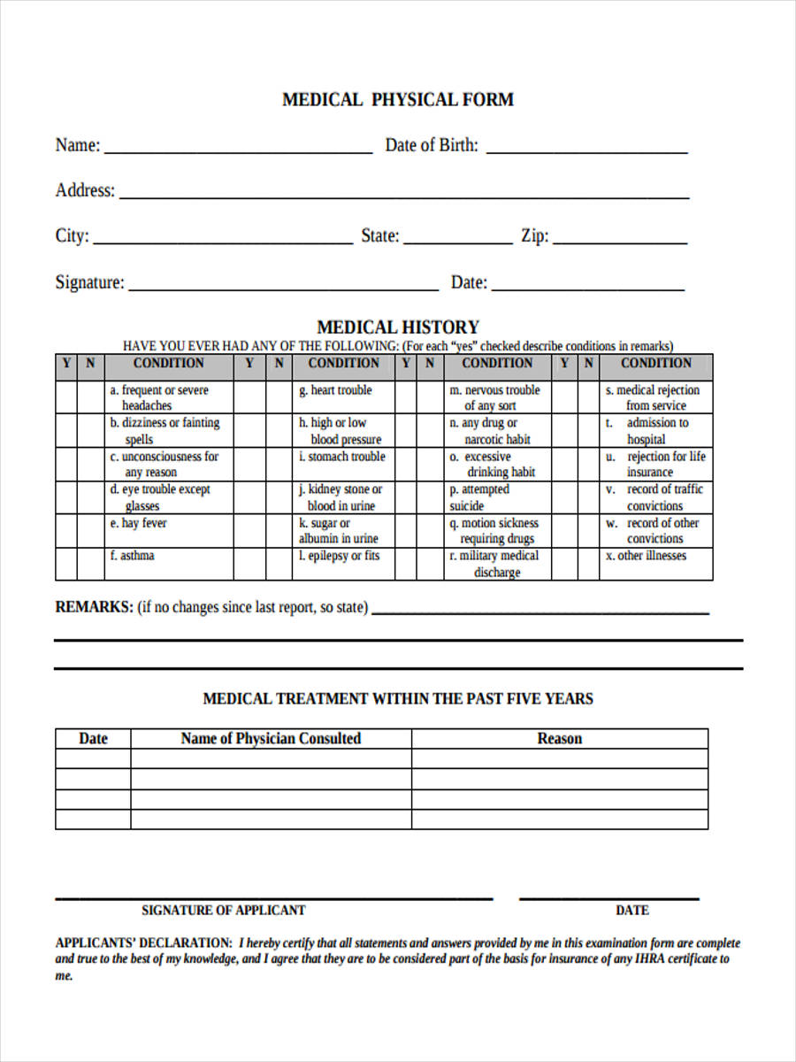 Physical Form Printable Printable Forms Free Online