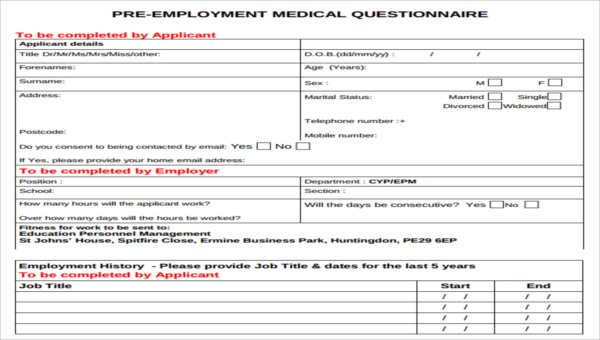 medical questionnaire form samples free sample example format download