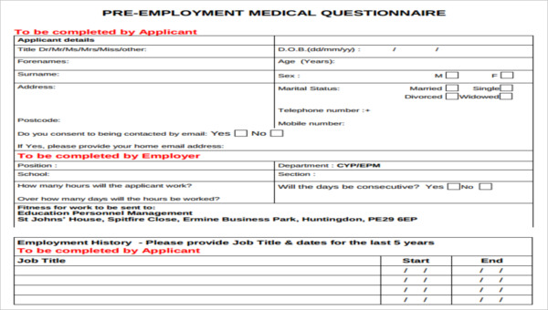 6+ Medical Questionnaire Form Sample - Free Sample ...