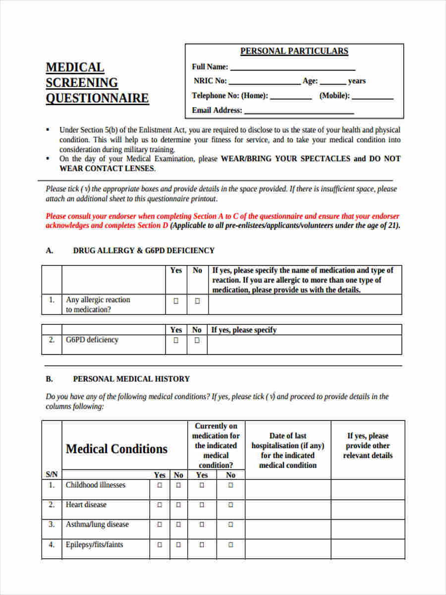 medical screening questionnaire
