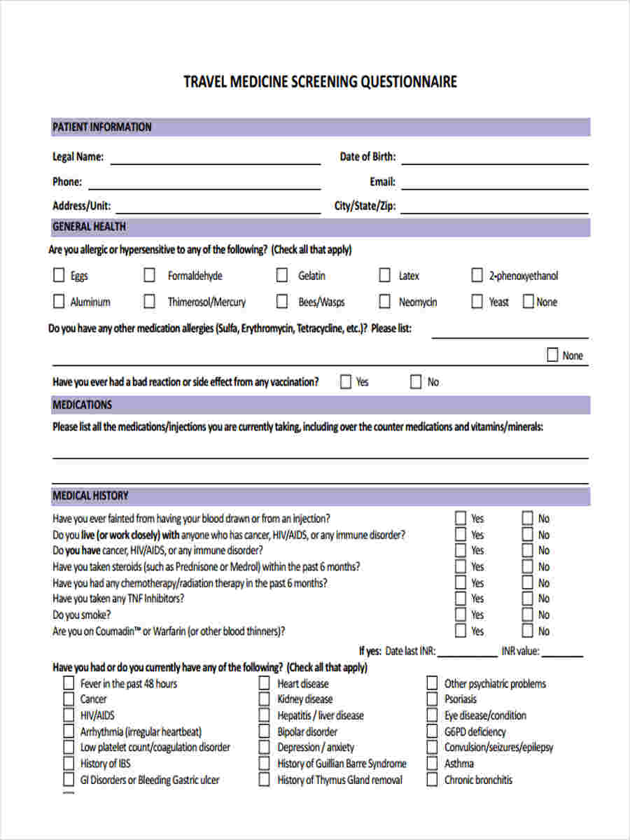 medicine screening questionnaire