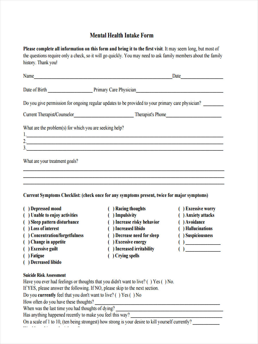 Free Printable Counseling Intake Forms