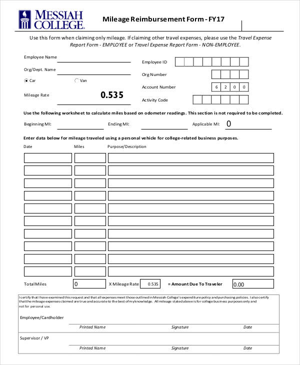 Mileage Reimbursement Form Excel