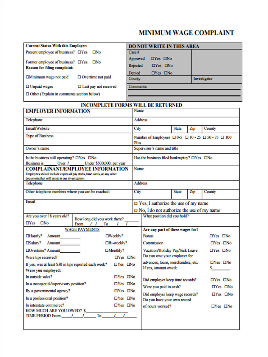 Free 6 Sample Wage Complaint Forms In Pdf Ms Word