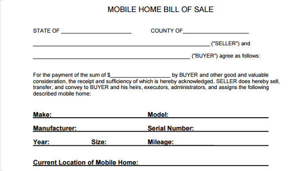 Free 5 Mobile Home Bill Of Sale Samples In Pdf
