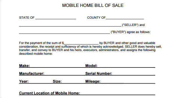 FREE 5 Mobile Home Bill Of Sale Samples In PDF