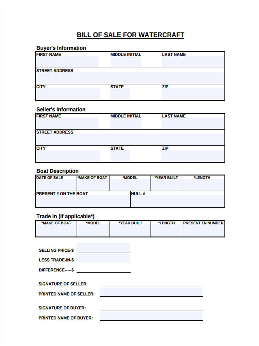 Free 5 Sample Watercraft Bill Of Sale Forms In Ms Word Pdf
