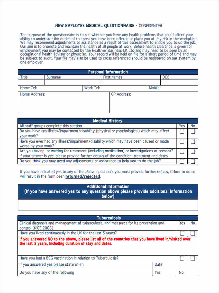 Employee Health Questionnaire Template