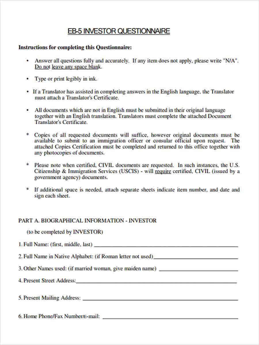 Free 7 Sample Investor Questionnaire Forms In Ms Word Pdf