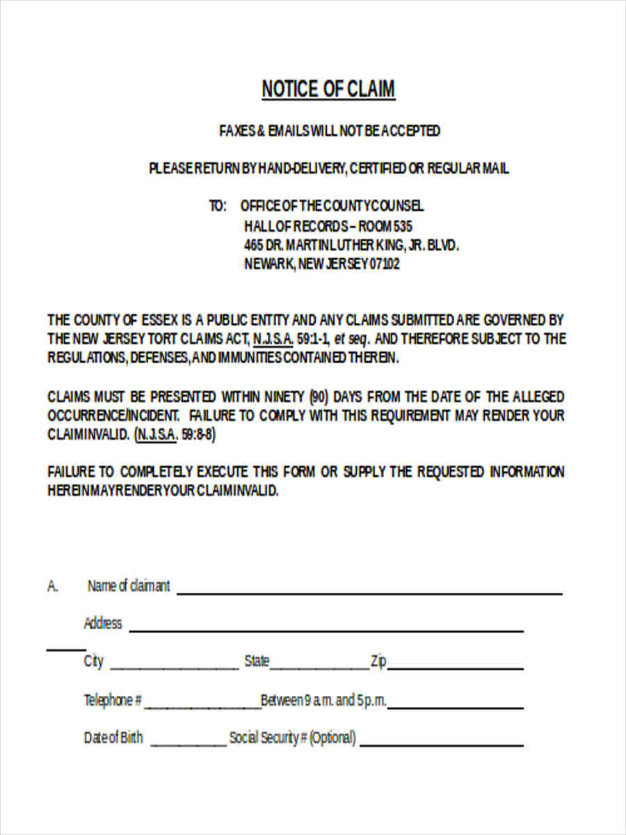 Notice Of Claim Template