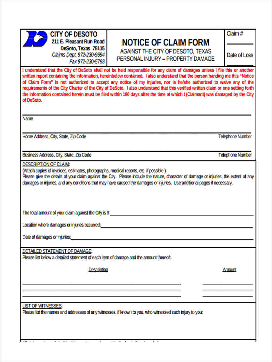 notice of claim form template
