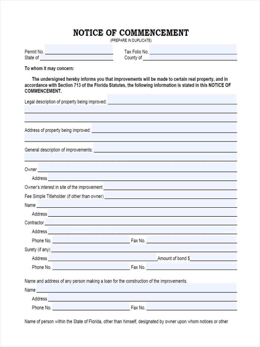 notice of commencement fillable