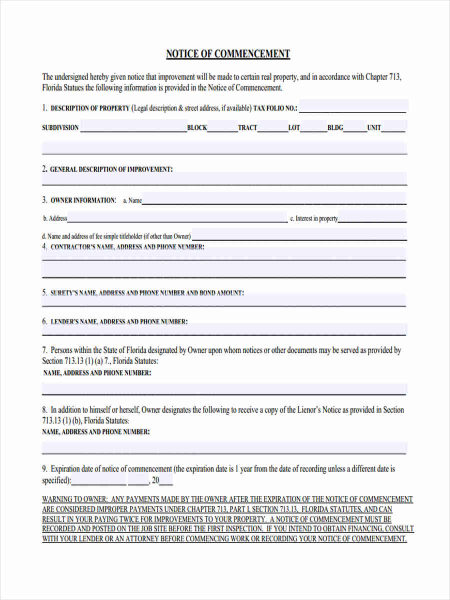 FREE 7+ Notice of Commencement Forms in PDF Ms Word