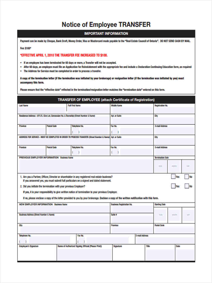 notice of employee transfer form
